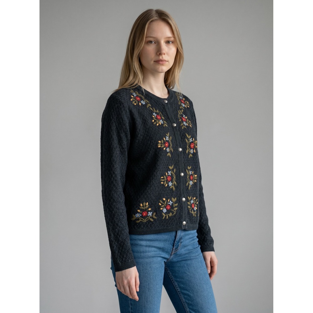 Lemon Grass VTG Floral Embroidered Cardigan Grey Ramie Cotton Knit Sweater Large